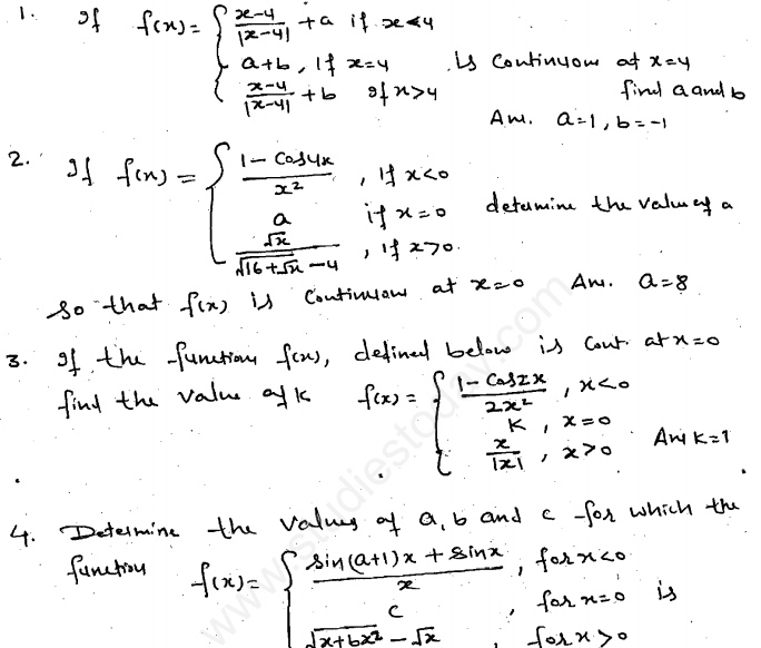 CBSE Class 12 Mathematics Continuity And Differentiability Assignment Set B